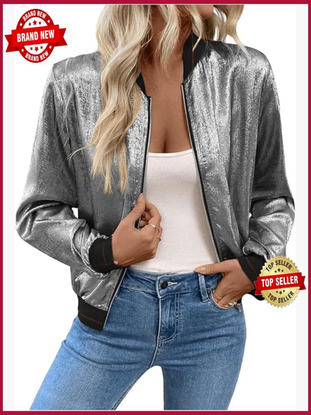 Metallic Zipper Bomber Disco Party Jacket Lightweight Long Sleeve